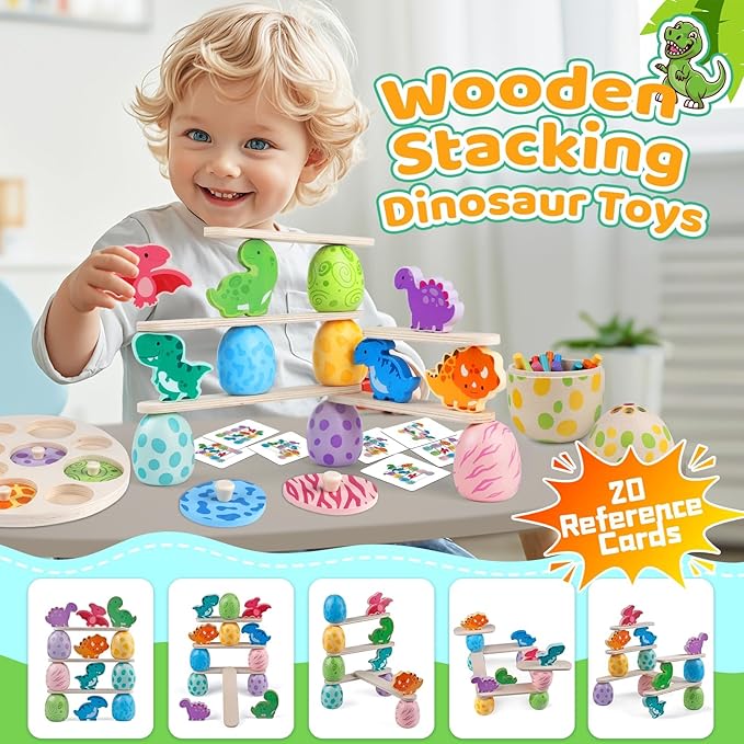 Montessori Dinosaur Toddler Toys Wooden Puzzles Gift for Ages 1 2 3 4 Year Old Kid Boys Girls Animal Dino Egg Toys, Wooden Blocks Stacking Sorting Toddler Fat Brain Easter Gift Preschool Learning