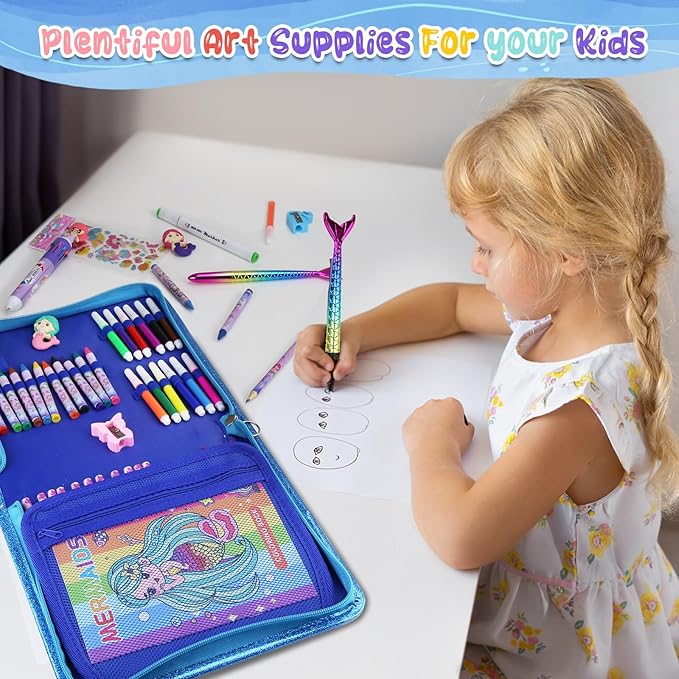 JAMIEWIN Markers Set with Glitter Mermaid Pencil Case, 59 Pcs Art and Craft Supplies Kit for Kids, Mermaid Gifts for Girls 4-9 Year Old for Christmas Birthday