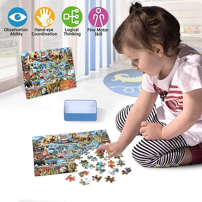 LELEMON Puzzles for Kids Ages 4-6,National Parks Map 100 Piece Puzzles for Kids Ages 4-8 in a Metal Box,Educational Jigsaw Puzzles 100 Piece Puzzle Games Puzzle Toys for Girls and Boys