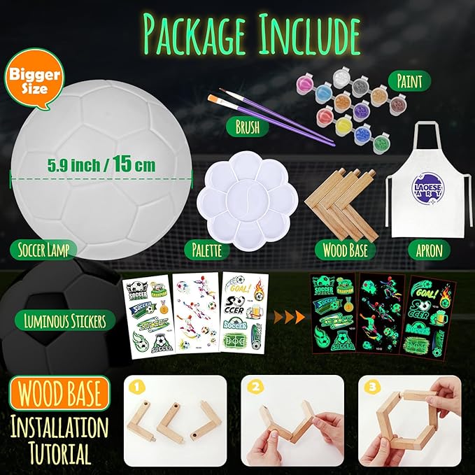 Paint Your Own Soccer Ball Lamp Kit, DIY 3D Night Light with Soccer Stickers & Wooden Stand, Art Supplies Creativity Arts & Crafts Kit for Kids, Birthday Gifts for Boys