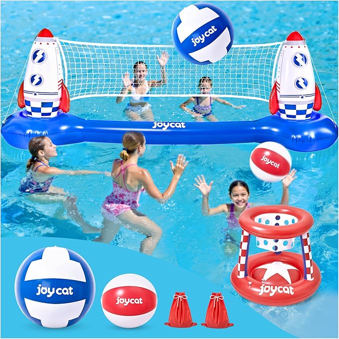 JoyCat Inflatable Pool Volleyball Set,125 Inch Volleyball Net & Basketball Hoop,Floating Swimming Pool Games Lake Beach Toys for Kids,Water Games for Adults and Family,Pools Party Gift Essentials