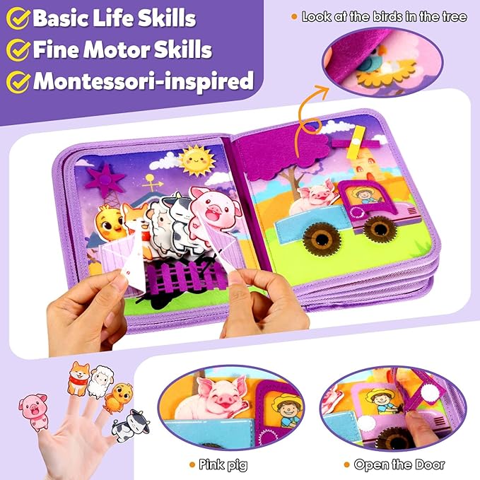 Montessori Busy Book for Toddlers 1-3, Busy Board Montessori Toys for 1 Year Old Girl Birthday Gift, Educational Learning Sensory Quiet Activity Books, Travel Toys for Airplane Car