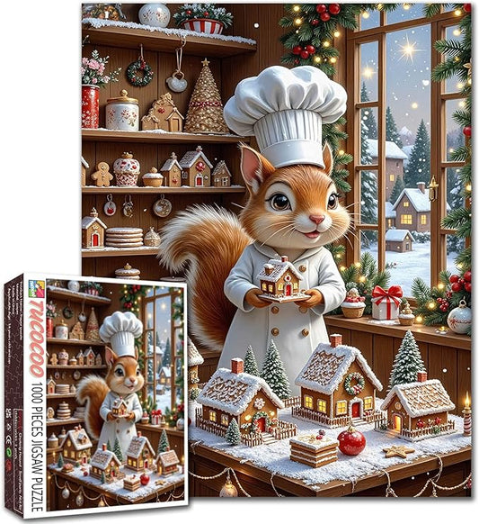 Merry Christmas 1000 Piece Jigsaw Puzzles for Adults Chef Squirrel Painting Jigsaw Puzzle 1000 Christmas Gingerbread House Puzzles 20''x27”inch Xmas Trees DIY Puzzle Art Wall Decor Family Challenging
