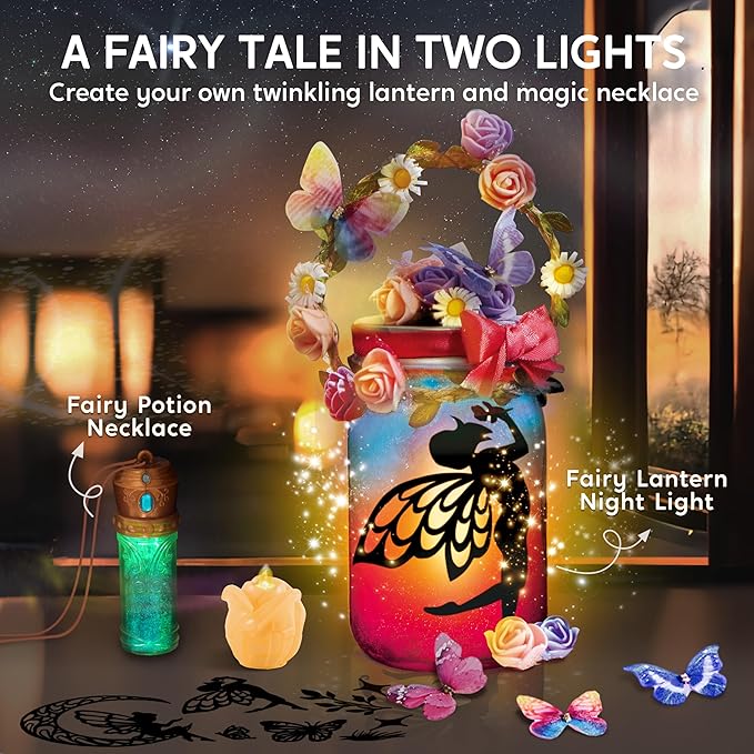 Klever Kits DIY Fairy Lantern Craft Kit with Rose Lights and String Lights - Birthday Gifts with 7 Color Fairy Potion Necklace, DIY Night Light Arts and Crafts for Girls Age 8+