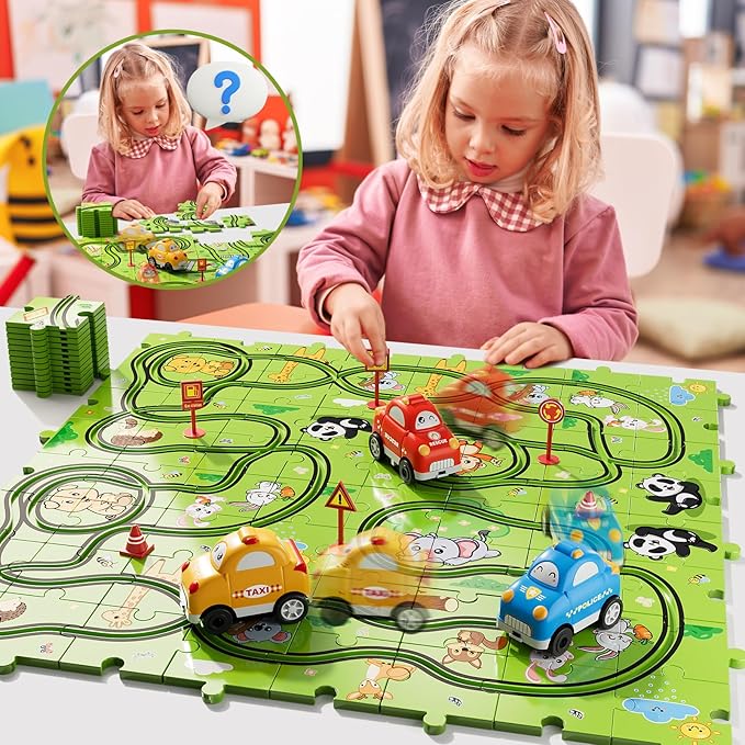 Bennol Toddler Toys Gifts for 2 3 4 5 Year Old Boys, 73 Jigsaw Puzzle Race Track Car Set Toys for Kids Boys Toddlers 1-3 2-4 3-5 4-6, Puzzle Tracks Car Toy Gifts for 2 3 4 5 Year Old Boy Kids