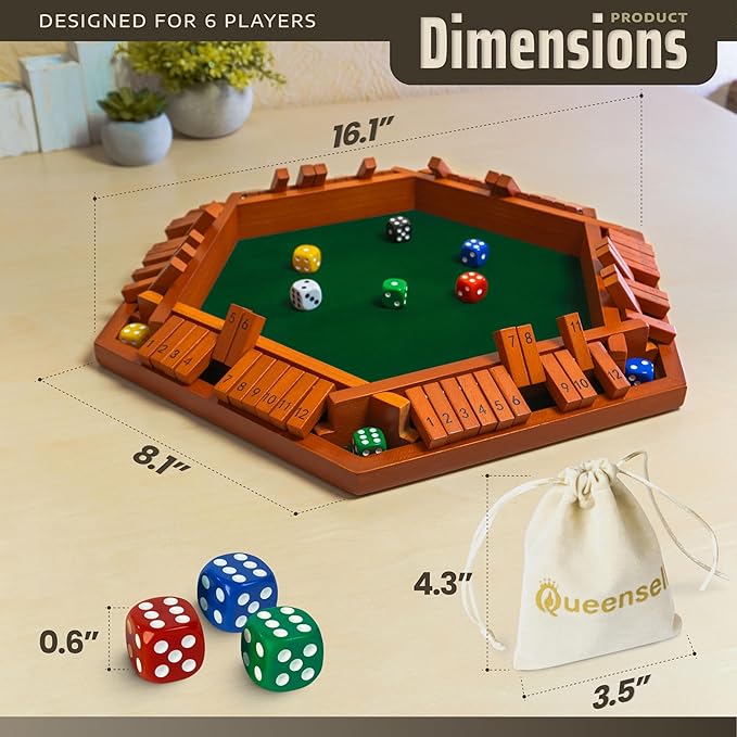 Queensell Shut The Box Game Wooden Board for 1-6 Players - 16-inch Shut The Box Game 12 Numbers for Adults & Kids - Ideal for Games Night