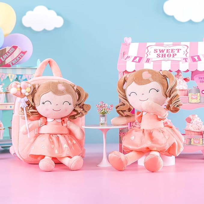 Gloveleya Back to School Gifts for GirlsToddler Backpack Baby Girl Gift Plush Bag Diaper Bag with Spring Girl Doll Curly Hair Girl Toys with Love Orange 9 Inches