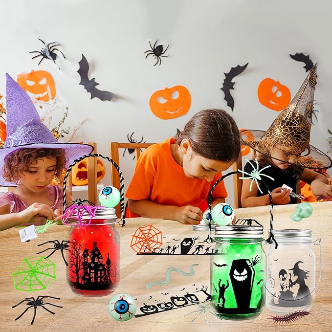 Letapapa Halloween Crafts for Kids, 4 PCS Mason Jar with Accessories for DIY Craft, Art Party Favor Supplies, Halloween Decoration Trick or Treating, Classroom Art Activities