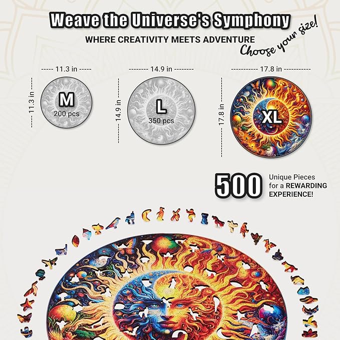 LEOGOR Wooden Jigsaw Puzzles for Adults 500 Pieces (17.8 x 17.8 in), Galactic Enigma Sun Moon Puzzle, Extra-Thick 5mm Wood, Unique Round Mosaic Puzzle with Animal Shaped Pieces, Advanced Brain Teaser