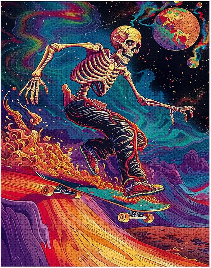 Tucocoo 1000 Piece Jigsaw Puzzles for Adults Skeleton Skateboard Painting Puzzle Psychedelic Trip Art 1000 Pieces Puzzles for Challenging Family Activity Game Colorful DIY Puzzle Wall Decor Gifts