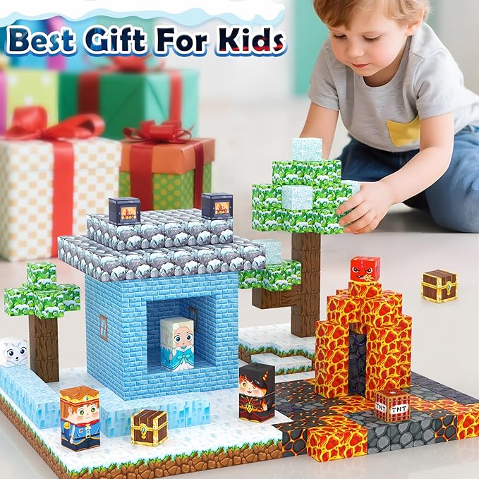 Magnetic Blocks - Build Mine Magnet World Ice Lava Set, Vibrant Colorful Building Blocks with Ultra Magnet Strength for Kids Ages 3-8, STEM Toys Creative Gifts for 3+ Year Old Boys Girls (100PCS/0.8")