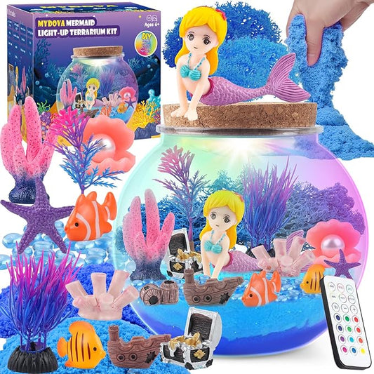 MYDOVA Mermaid Terrarium Craft Kit for Kids Girls - LED Night Light Up & Remote Mermaid Birthday Gifts Toys for Girls Age 6 7 8 9 10 11 12 Year Old Best Birthday DIY Arts and Crafts Kits