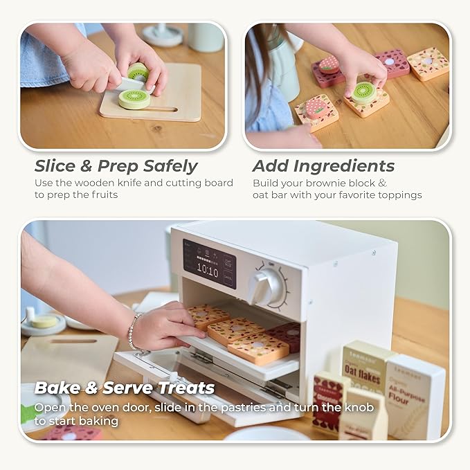 Teamson Kids Little Chef Santa Barbara Wooden Healthy Dessert Set - 27 Pieces Pretend Toy Food Accessories Plus Oven & Blender, Educational Role-Play for Kids Ages 3+, White