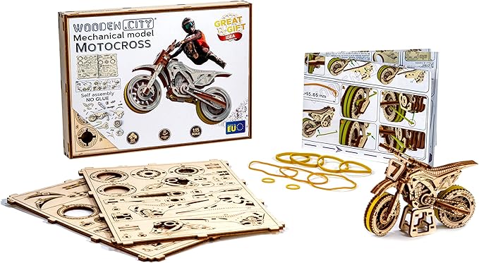 WOODEN.CITY Motocross 3D Puzzle for Adults - Hobby Kit to Build Your Own Wooden Bike - 3D Model Motorcycle Kit - Wood Model Kit