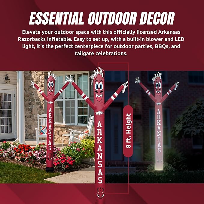 NCAA Arkansas Razorbacks Football Wacky Waving Inflatable Tube Guy with LED Lights & Built-in Blower - 6" x 36" x 96" Inflatable Tube Man Crazy Sports Fan Outdoor Party Decoration