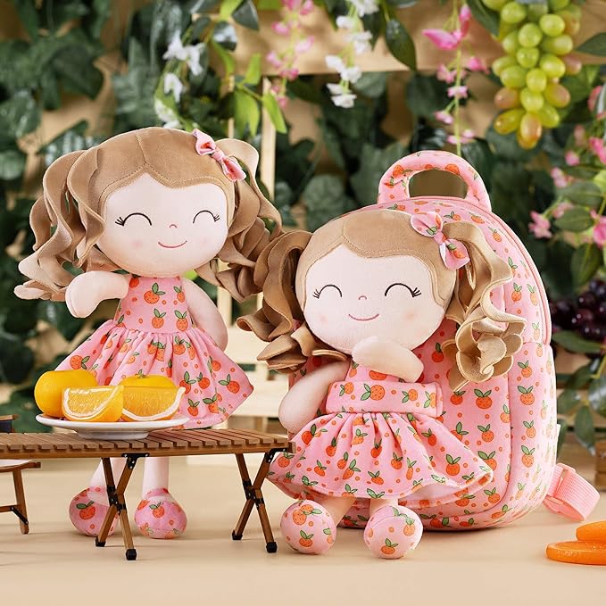 Gloveleya Toddler Backpack Baby Girl Gifts Curly Hair Plush Figures Dress Backpack Kids Backpack Curly Hair Spring Girl Fruit Section-Orange 9inches