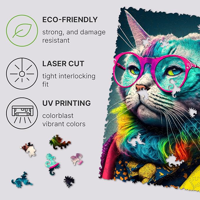 UNIDRAGON Original Wooden Jigsaw Puzzles - Pop Art Glow Up Collection - Criticat - Cat Puzzle 250 Pieces, Beautiful Gift Package, Wooden Puzzle for Adults