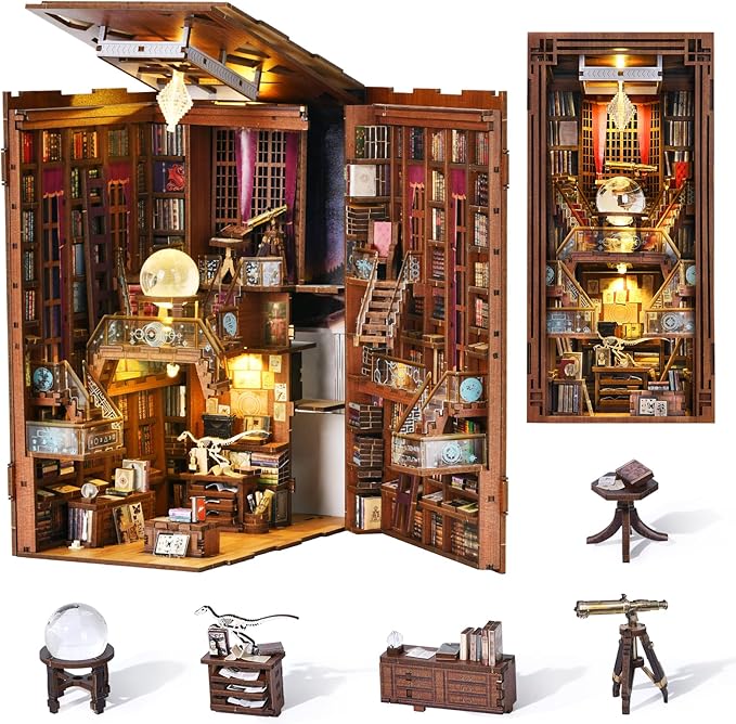 DIY Book Nook Kit for Adults, 3D Wooden Puzzle Bookend Bookshelf Insert Decor with LED Light and Dust Cover (Beyond Library)
