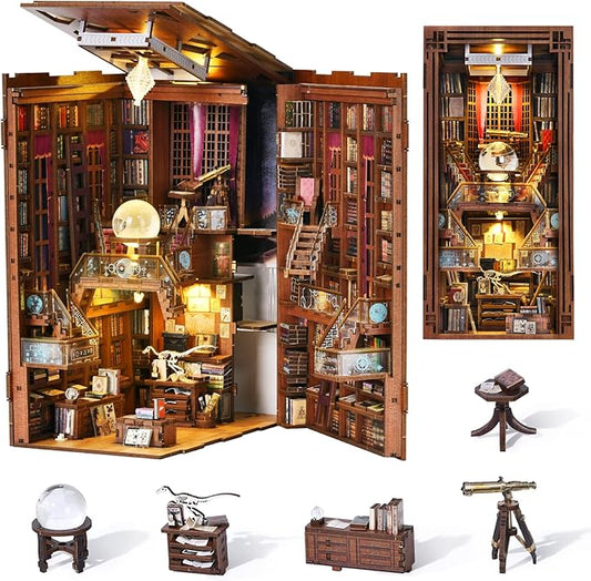 DIY Book Nook Kit for Adults, 3D Wooden Puzzle Bookend Bookshelf Insert Decor with LED Light and Dust Cover (Beyond Library)