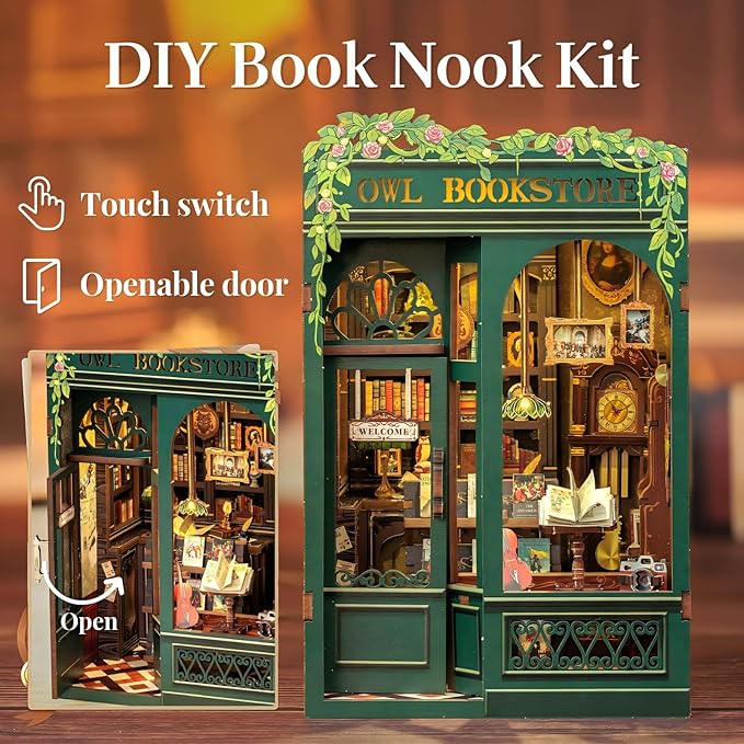 Fsolis Book Nook Kit, DIY Scene Miniature House Kit Tiny House Mini Booknook Craft Bookshelf Decor, 3D Puzzles for Adults, 139 Wooden Pieces, Scale Library Model, Gifts for Book Lovers(OWL Bookstore)