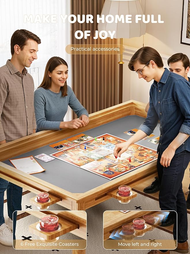 Board Gaming Table with Removable Top - 57×33 inch Solid Wood Panel for Board Games, Play Mat & Detachable Cup Holders, Dice Trays for 4-6 People, Convertible Poker & Card Table