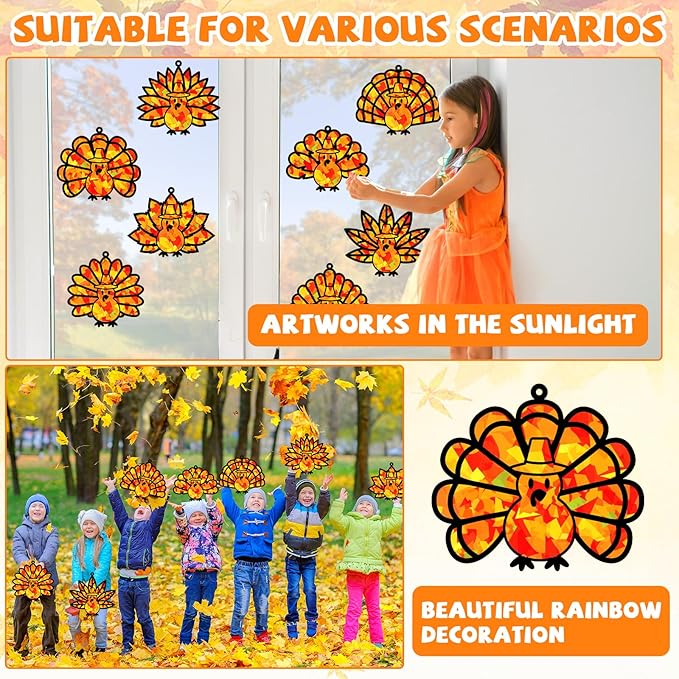 32 Sets Thanksgiving Turkey Suncatchers Craft Kit DIY Window Stained Glass Effect Thanksgiving Turkey Paper Crafts Home School Classroom Decoration Kid Birthday Gift Creative Art Project Activity Game