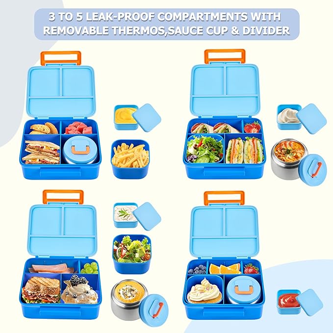 MAISON HUIS Kids Bento Box Set - Includes 8oz Soup Thermo, Insulated Lunch Bag & 17oz Stainless Steel Water Bottle, 5-Compartment Bento Box with Built-In Ice Pack, Leak-Proof & BPA-Free(Blue)