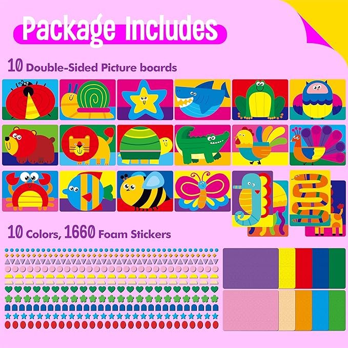 Sticker Art Activity, 20 Animals With 1660 Foam Stickers in 10 Colors - Fun DIY Craft Kits Travel Game for Kids, Boys & Girls