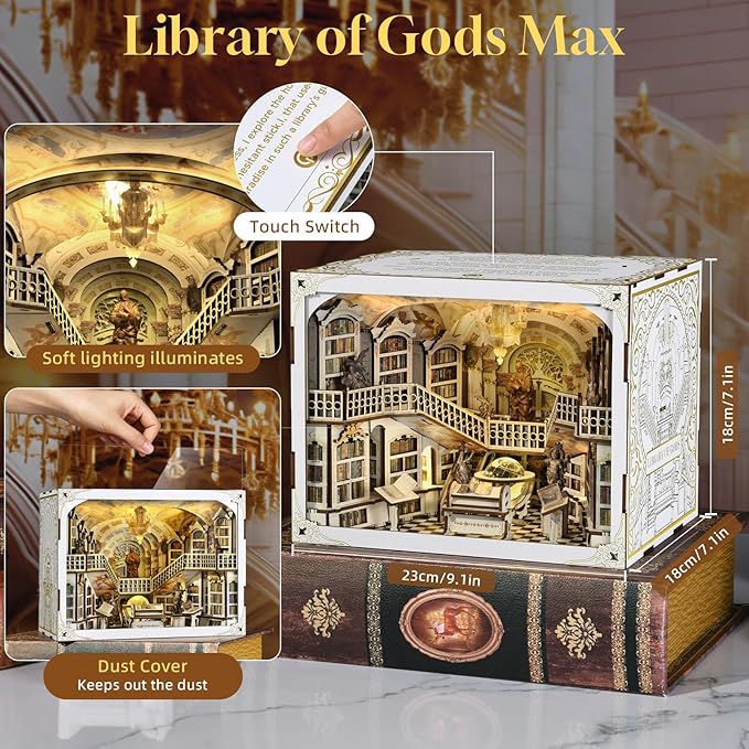 DIY Book Nook Kit for Adults, 3D Wooden Puzzle Bookend Bookshelf Insert Decor with LED Light and Dust Cover (Library of Gods Max)