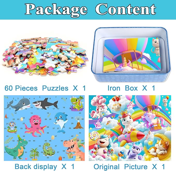 Rainbow Horse Unicorn Puzzles for Kids Ages 4-8, 60 Pieces Jigsaw Puzzles for Kids Ages 3-5 Puzzle for Girls and Boys Learning Educational Puzzles Toys in a Metal Box