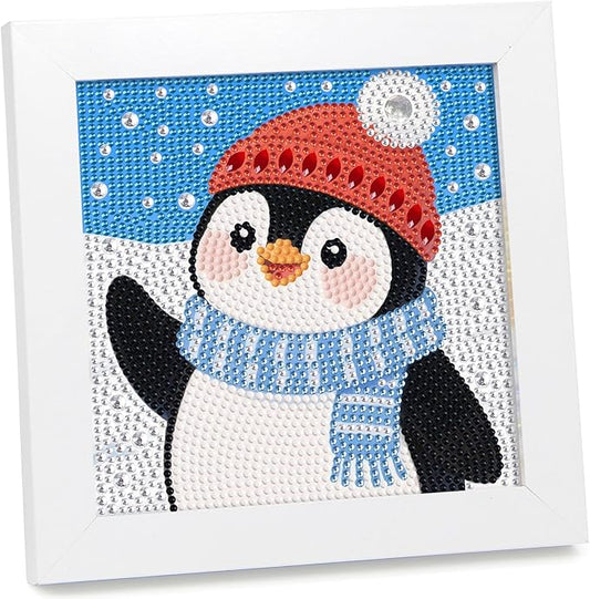 geesfayan Diamond Art Kits for Kids Ages 8-12,6 Inch DIY Gem Art Painting with 7 Inch Frame, Complete Starter Kit for Beginners, Creative Arts & Crafts Gift for Girls & Boys (Christmas Penguin)