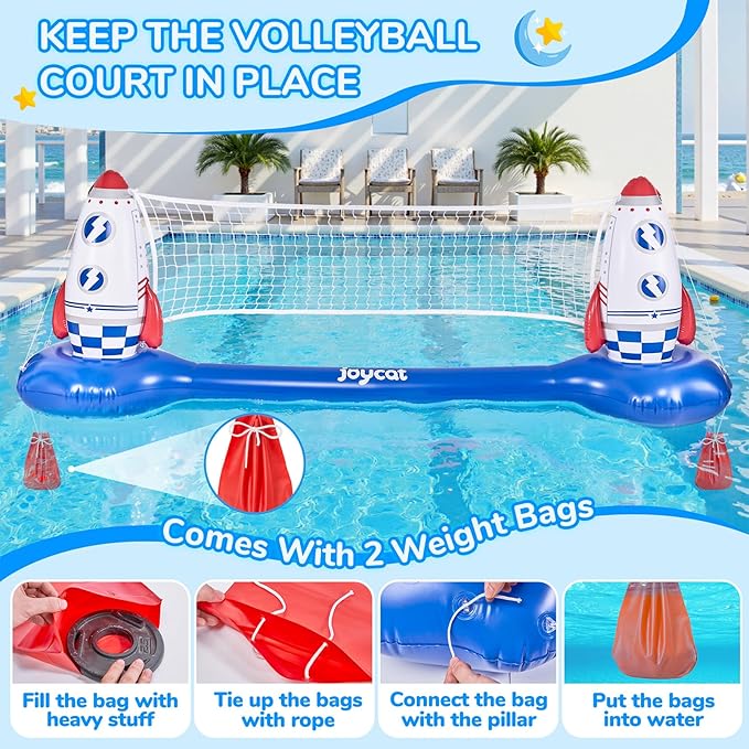 JoyCat Inflatable Pool Volleyball Set,125 Inch Volleyball Net & Basketball Hoop,Floating Swimming Pool Games Lake Beach Toys for Kids,Water Games for Adults and Family,Pools Party Gift Essentials