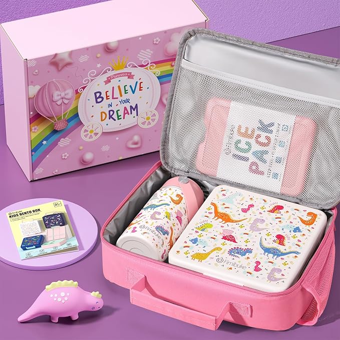 Fimibuke Kids Bento Lunch Box with 4 Compartments, Insulated lunch Bag, Stainless Steel Insulated Water Bottle, Ice Pack & Utensils Set, Birthday Gifts for Ages 3-12 Back to School Toddler Girls Boys