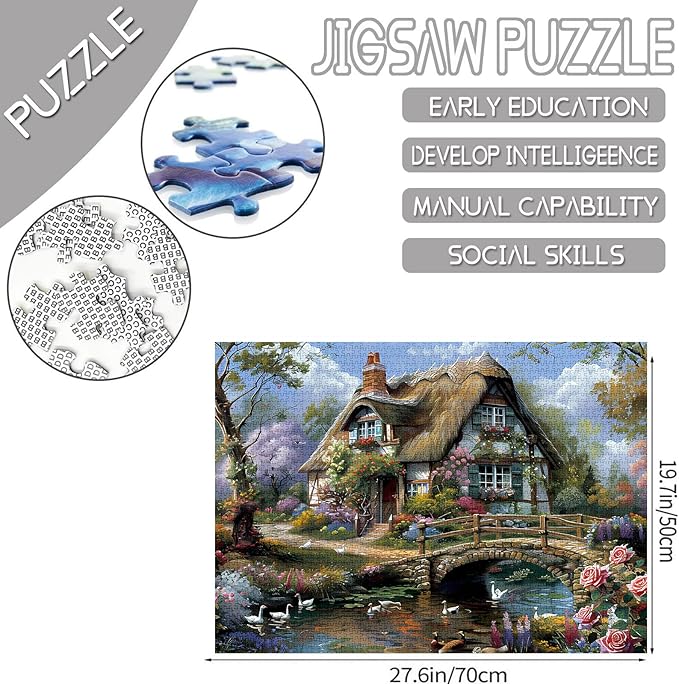 1000 Piece Jigsaw Puzzles for Adults Cabin Scenery Painting Jigsaw Puzzle Flowers 1000 Pieces Puzzles Bridge River Flowers House Wall Decor DIY Craft Puzzle Vintage Thatched Cottage Art