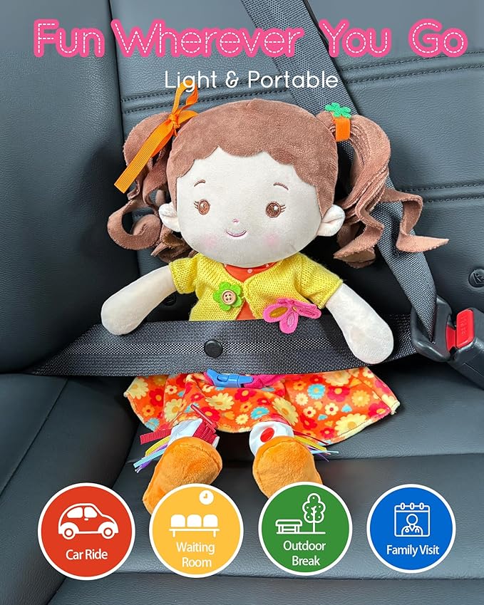LeyaDoll Learning Sensory Doll for Toddlers, Montessori Toys for 2-Year-Old Girls Christmas, Birthday Gifts, Plush Doll with Zipper, Shoelace, Button-Busy Flora Girl