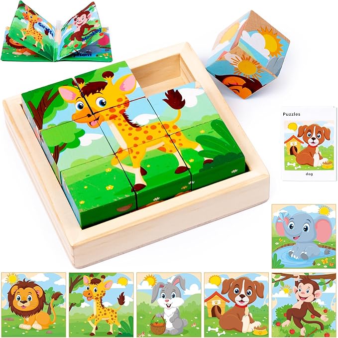 Wooden Animals Block Puzzles for Kids, Puzzles for Ages 2-4 with Book, Jigsaw Puzzles Preschool Learning Educational Toys Gift for Boys Girls, Wood Farm Cube Puzzles for Toddlers 2 3 4 5 6 Years Old