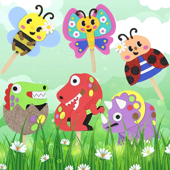 VKPI Make 6 Popstick Puppets Craft Kits for Kids, Foam Crafts, Story Time Toys for Ages 4+ Toddler, Dinosaurs, Butterfly, Preschool Projects Art Crafts, Birthday Holiday Gift