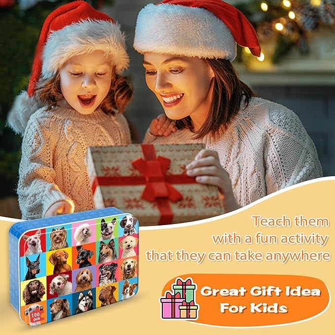 LELEMON Puzzles for Kids Ages 4-6,Dog Puzzle 100 Piece Puzzles for Kids Ages 4-8 in a Metal Box, Educational Kids Puzzles Jigsaw Puzzles 100 Piece Puzzle Games Puzzle Toys for Girls and Boys