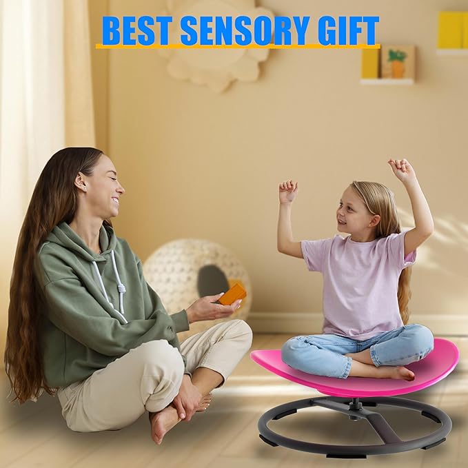 Spinning Chair for Autistic Kids, Autism Sensory Spinny Swivel Wobble Chair for ADHD Children, Sit and Spin Toys for Toddlers with Body Coordination (Pink)
