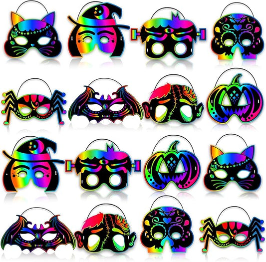 Natonhi 64Pcs Halloween Crafts Rainbow Scratch Mask, Halloween Games Scratch Art and Craft Kit Classroom Activities Favors Party Supplies