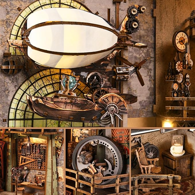 Book Nook Kit - DIY 3D Wooden Puzzle Bookend with LED Lights, Miniature Dollhouse Bookshelf Decor for Adults,Uncle Peter's Warehouse