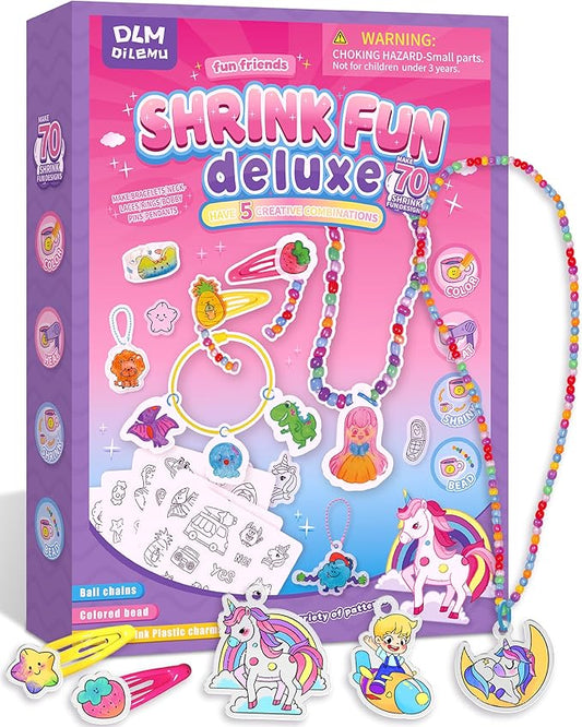 70 Pre-Cut Unicorn Shrinky Dink Sheets Art Kit, Shrink Paper Keychain Kit with 8 Colored Pencils Make Jewelry Charms & Accessories, Mess-Free Arts & Crafts for Kids, DIY Crafts for Adults and Teens