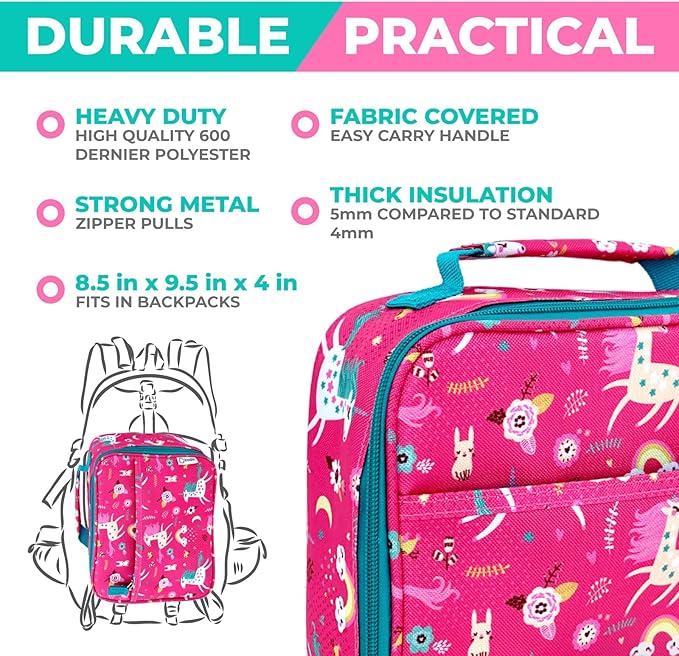 Bento Box with Lunch Bag, Insulated Stainless Steel Thermo for Hot-Cold Food or Soup, Ice Pack Set for Kids Girls Toddlers Snacks for Daycare, Ages 3 to 7, Pink Unicorn
