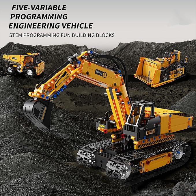 5 in 1 RC Excavator Construction Vehicle Building Block Sets App and Remote Control Bulldozer Engineering Science Kits Stem Toys for Boys Ages 8-12 (535 Pieces