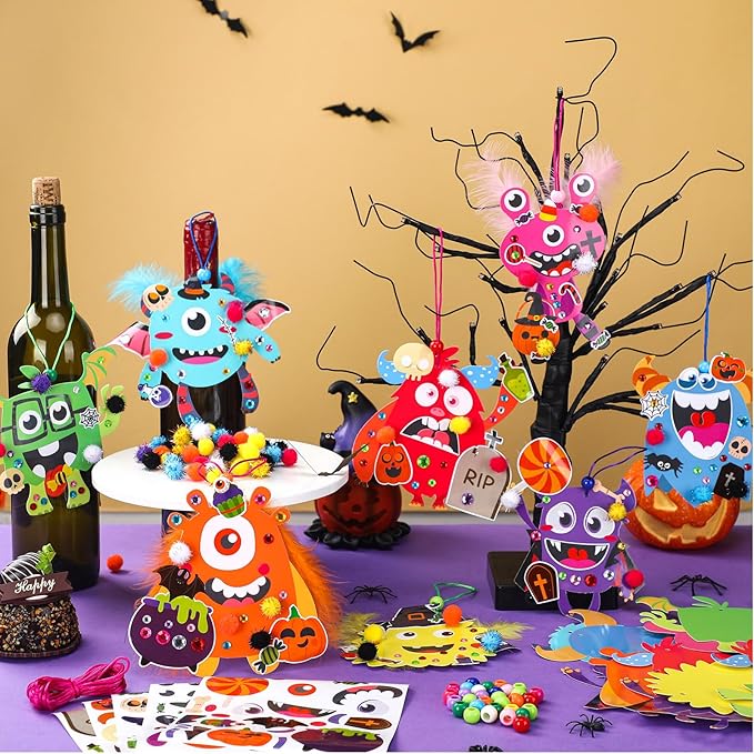 48 Sets Halloween Monster Crafts Kits Halloween Fall Craft Bulk DIY Monster Ornaments Necklace Feather Ball Sticker Beads Pom Arts and Crafts Classroom Activities Art Project Party Favors