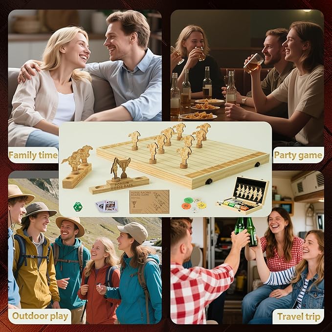 Horse Race Board Game, Magnetic Horse Racing Game with 100 Chips, 12 Magnet Wooden Horses, 2 D12 & 2 Cards, Thickened Solid Wood Horse Game Set Luxury Board Games for Family Nights Party Gifts