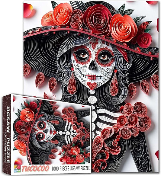 Tucocoo Skeleton Woman 1000 Piece Jigsaw Puzzle for Adults, Elegant Skull Girl Puzzles Red Roses Paper Art Puzzle Home Decor Gift Difficult Art 1000 Pieces Challenging Puzzle Family Game Night
