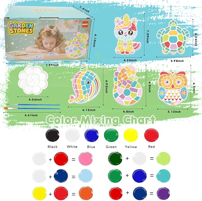 QANIY Stepping Stones Painting Kit for Kids, 5 Pack Outdoor Garden Stone Crafts, Kids Craft Paint Kits for Boys Girls Birthday Party Gift Toy Ages 3+