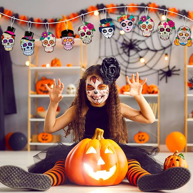 Sumind 24 Sets Day of Dead Decorations Sugar Skull Crafts Kits for Kids Dia De Los Muertos Decor Halloween Ghost Ornaments Halloween Day of Dead Fiesta Party Supplies Fun Home Activities Classroom