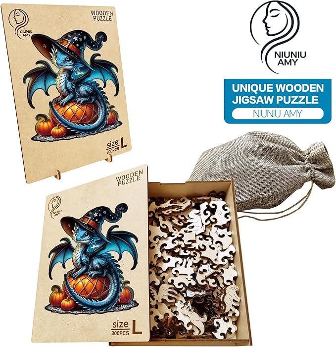 Dragon Wooden Puzzles for Adults,Pumpkin Witch Jigsaw Puzzles 300 Piece,Thanksgiving Birthday Gifts Family Game,Unique Shape Puzzle Challenge 14.9 x 14.9 Inch